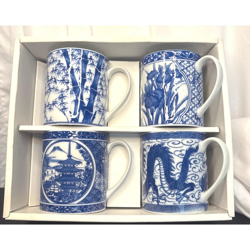 Blue White Japanese Style Porcelain Coffee Mugs Set of 4 Dragon Pagoda Bamboo